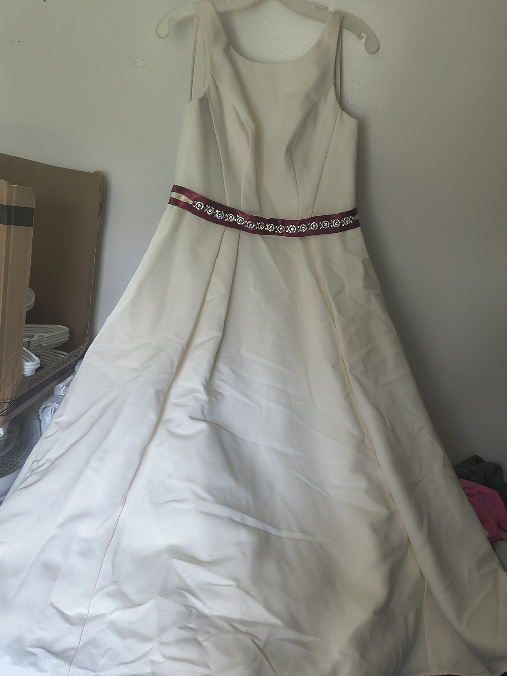 David's Bridal Cream A-Line Bridal Gown with Burgundy Embellished Waist
